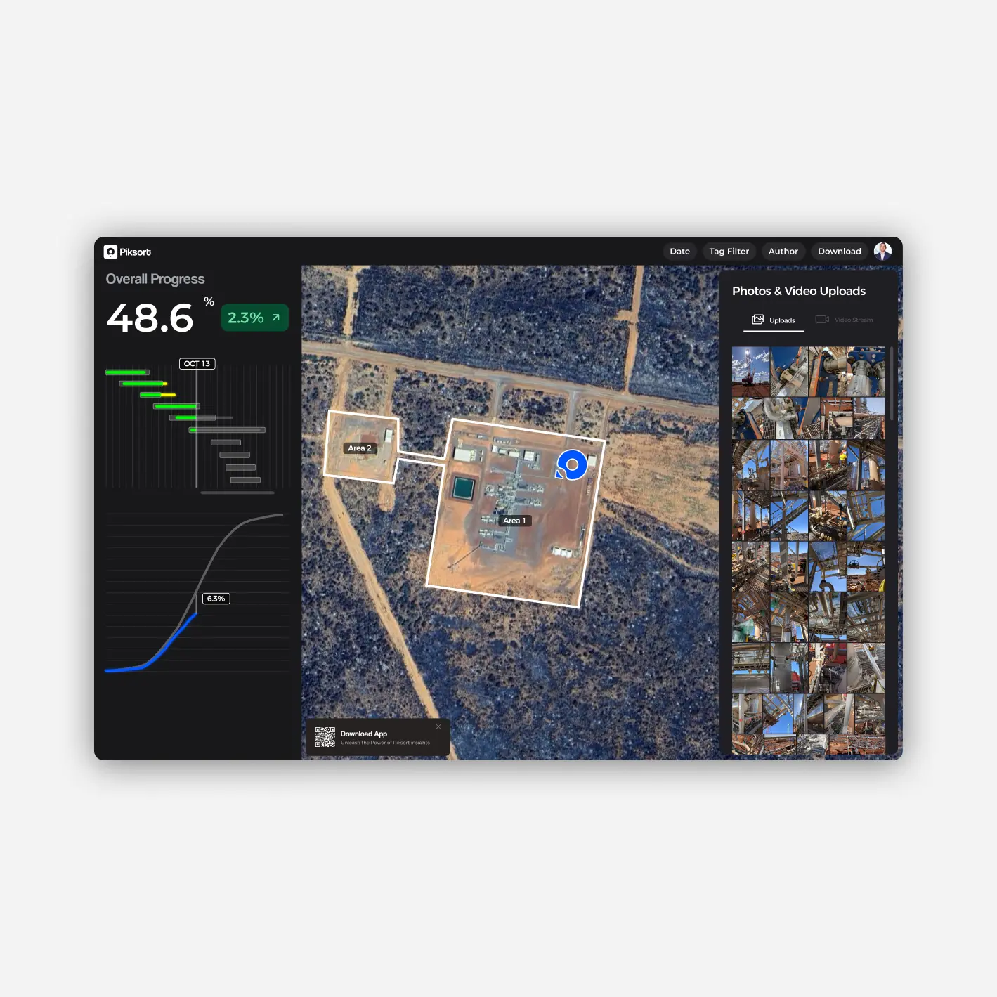 Piksort dashboard showing overall progress, site map and photo uploads in one record
