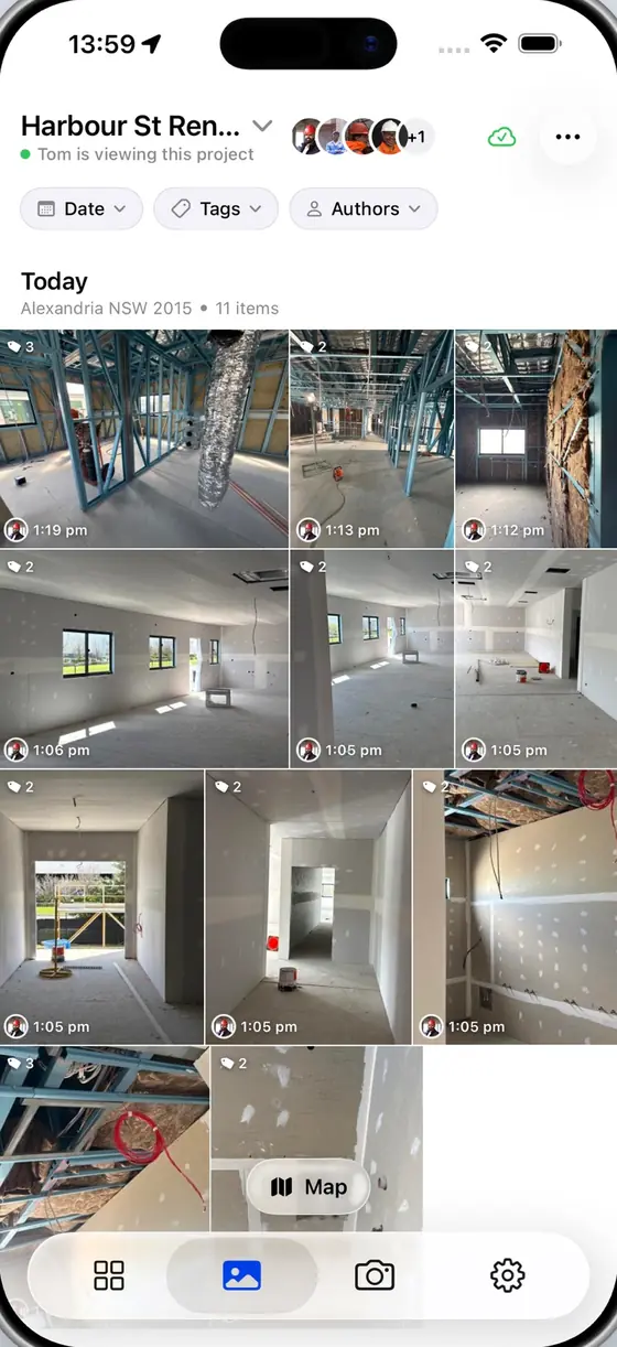 The project gallery in the Piksort app: today's photos on one project, each with its time and who took it