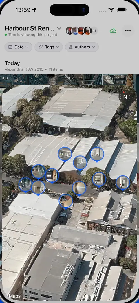 The map view in the Piksort app: an aerial view of the site with a pin where each photo was taken