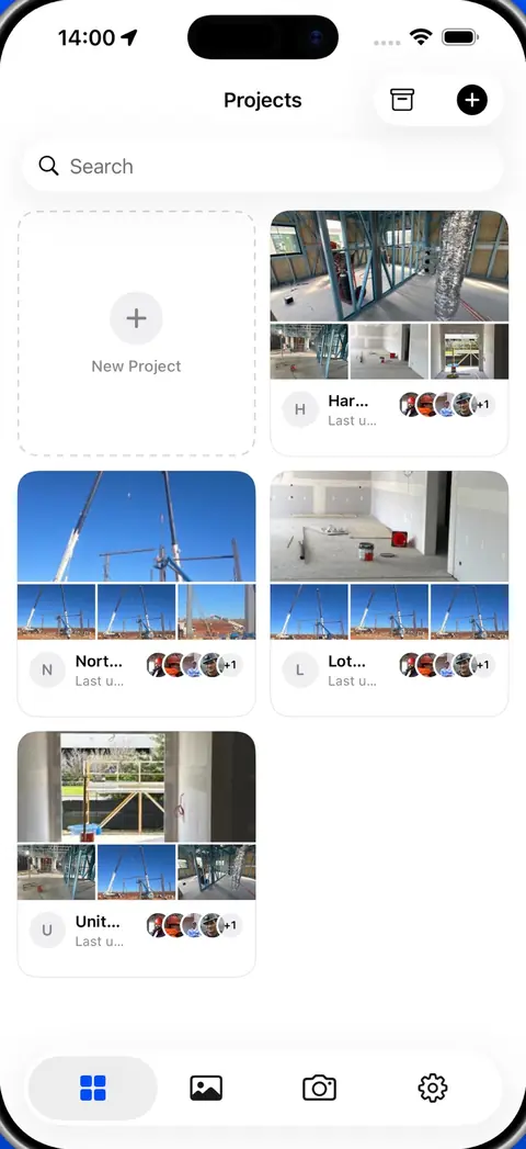 The projects screen in the Piksort app: a grid of jobs, each showing its latest photos and crew