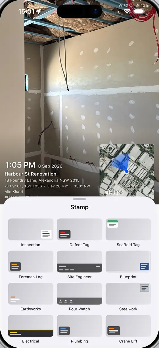 Choosing a stamp style in the Piksort app: inspection, defect tag, scaffold tag, foreman log, blueprint and more