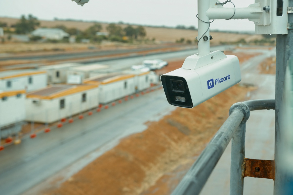 Piksort site camera mounted on a pole overlooking a work site