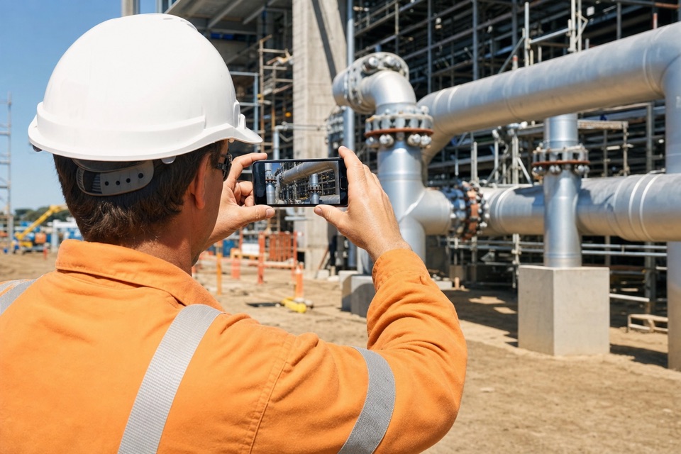 A worker in hi-vis photographing pipework with the Piksort app