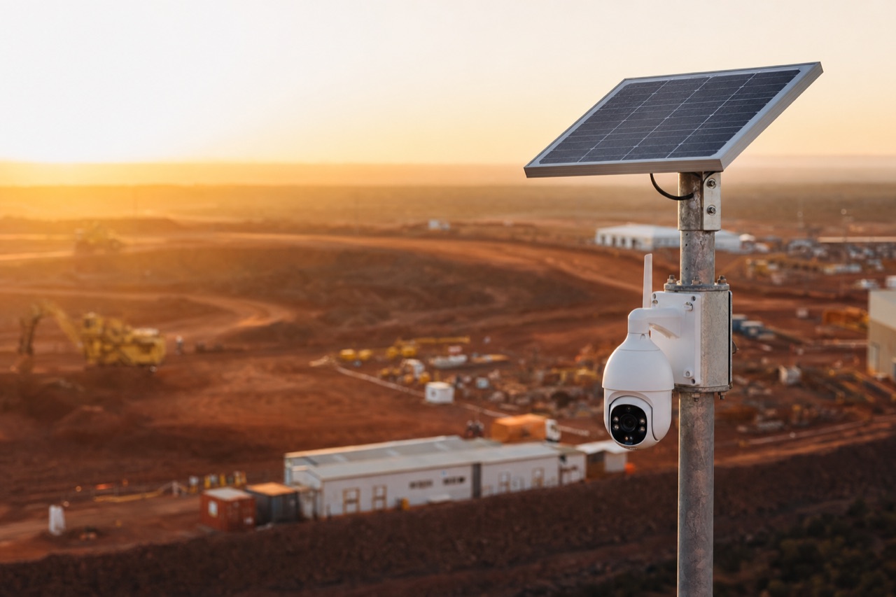 Piksort solar-powered site camera overlooking a Western Australian mine site at golden hour