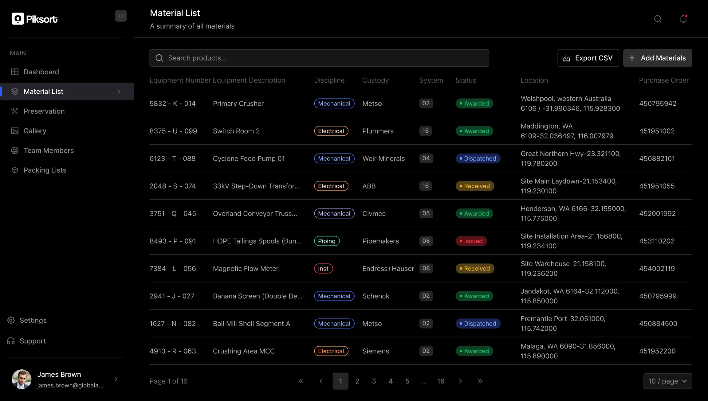 Material tracking dashboard in the Piksort platform