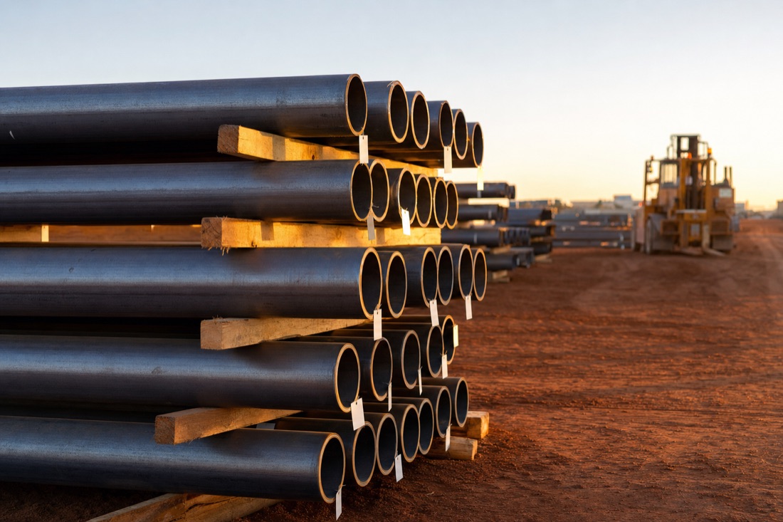 Tagged steel pipes in a construction laydown yard at dawn